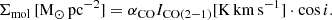 $$ \begin{aligned} \Sigma _{\rm mol}\,\mathrm{[M_{\odot }\,pc^{-2}]} = \alpha _{\rm CO} I_{\mathrm{CO(2{-}1)}} [\mathrm{K\,km\,s^{-1}}] \cdot \cos i. \end{aligned} $$