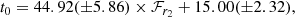 $$ \begin{aligned} t_0 = 44.92 (\pm 5.86) \times \mathcal{F} _{r_2} + 15.00 (\pm 2.32) , \end{aligned} $$