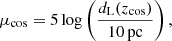 $$ \begin{aligned} \mu _{\rm cos} = 5\log \left(\frac{d_{\rm L}(z_{\rm cos})}{10\,\mathrm{pc}}\right), \end{aligned} $$