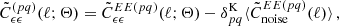 $$ \begin{aligned} \tilde{C}^{(pq)}_{\epsilon \epsilon }(\ell ; \mathbf \Theta ) = \tilde{C}^{EE(pq)}_{\epsilon \epsilon }(\ell ; \mathbf \Theta ) - \delta ^{\mathrm{K} }_{pq} \langle \tilde{C}^{EE(pq)}_{\mathrm{noise} }(\ell ) \rangle \,, \end{aligned} $$
