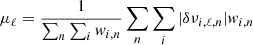 $$ \begin{aligned} \mu _\ell = \frac{1}{\sum _n \sum _i { w}_{i,n}} \sum _n \sum _i |\delta \nu _{i,\ell ,n}| { w}_{i,n} \end{aligned} $$