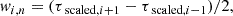 $$ \begin{aligned} { w}_{i,n} = (\tau _{\text{ scaled},i+1}-\tau _{\text{ scaled},i-1})/2, \end{aligned} $$