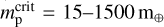 $m_{\rm{p}}^{{\rm{crit }}} = 15 - 1500{{\rm{m}}_ \oplus }$