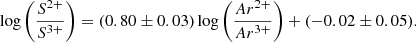 $$ \begin{aligned} \log \left(\frac{S^{2+}}{S^{3+}}\right) = (0.80 \pm 0.03) \log \left(\frac{Ar^{2+}}{Ar^{3+}}\right) + (-0.02 \pm 0.05). \end{aligned} $$