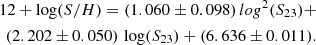 $$ \begin{aligned} 12+\log (S/H) = (1.060 \pm 0.098) \, log^{2}(S_{23}) + \nonumber \\ (2.202 \pm 0.050) \, \log (S_{23}) + (6.636 \pm 0.011). \end{aligned} $$