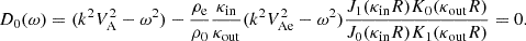 $$ \begin{aligned} D_{0}(\omega ) = (k^2 V_{\rm A}^2 - \omega ^2) -\frac{\rho _{\rm e}}{\rho _{0}} \frac{\kappa _{\rm in}}{\kappa _{\rm out}} (k^2 V_{\rm Ae}^2 - \omega ^2) \frac{J_{1}(\kappa _{\rm in} R) K_{0}(\kappa _{\rm out} R)}{J_{0}(\kappa _{\rm in} R) K_{1}(\kappa _{\rm out} R)} = 0. \end{aligned} $$