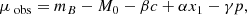 $$ \begin{aligned} \mu _{\text{ obs}} = m_B-M_0 - \beta c + \alpha x_1 -\gamma p, \end{aligned} $$