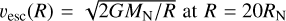 ${\v _{{\rm{esc}}}}(R) = \sqrt {2G{M_{\rm{N}}}/R} \,\,{\rm{at}}\,\,R = 20{R_{\rm{N}}}$