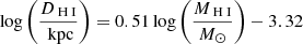$ \log \left(\frac{D_{\text{ H} \text{ I}}}{\text{ kpc}}\right) = 0.51 \log \left(\frac{M_{\text{ H} \text{ I}}}{M_{\odot }}\right) - 3.32 $