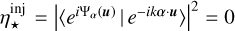 $\eta _ \star ^{{\rm{inj}}} = {\left| {\langle {e^{i{\Psi _\alpha }(u)}}\mid {e^{ - ik\alpha \cdot u}}\rangle } \right|^2} = 0$