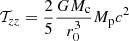 $$ \begin{aligned} \mathcal{T} _{zz}=\frac{2}{5}\frac{GM_{\rm c}}{r_0^3}M_{\rm p} c^2 \end{aligned} $$