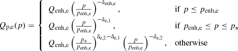 $$ \begin{aligned} Q_{\rm p,e}(p)= \left\{ \begin{array}{ll} Q_{\rm enh,e}\left(\frac{p}{p_{\rm enh,e}}\right)^{-\delta _{\rm enh,e}},&\mathrm{if}\; p\le p_{\rm enh,e}\\ Q_{\rm enh,e}\left(\frac{p}{p_{\rm enh,e}}\right)^{-\delta _{\rm e,1}},&\mathrm{if}\; p_{\rm enh,e}\le p \le p_{*} \\ Q_{\rm enh,e}\left(\frac{p_*}{p_{\rm enh,e}}\right)^{\delta _{\rm e,2}-\delta _{\rm e,1}}\left(\frac{p}{p_{\rm enh,e}}\right)^{-\delta _{\rm e,2}},&\mathrm{otherwise} \end{array}\right. \end{aligned} $$