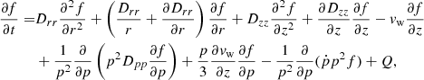 $$ \begin{aligned} \begin{aligned} \frac{\partial {f}}{\partial {t}} =&D_{rr}\frac{\partial ^2{f}}{\partial {r^2}} + \left(\frac{D_{rr}}{r} + \frac{\partial {D_{rr}}}{\partial {r}}\right) \frac{\partial {f}}{\partial {r}} + D_{zz}\frac{\partial ^2{f}}{\partial {z^2}} + \frac{\partial {D_{zz}}}{\partial {z}}\frac{\partial {f}}{\partial {z}} - v_{\rm w}\frac{\partial {f}}{\partial {z}} \\&+\frac{1}{p^2}\frac{\partial }{\partial {p}} \left(p^2D_{pp}\frac{\partial {f}}{\partial {p}}\right) + \frac{p}{3}\frac{\partial {v_{\rm w}}}{\partial {z}}\frac{\partial {f}}{\partial {p}} - \frac{1}{p^2}\frac{\partial }{\partial {p}}(\dot{p}p^2f) + Q, \end{aligned} \end{aligned} $$