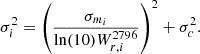$$ \begin{aligned} \sigma _i^2 = \left(\frac{\sigma _{m_i}}{\ln (10) W^{2796}_{r,i}}\right)^2 + \sigma _{c}^2. \end{aligned} $$