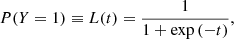 $$ \begin{aligned} P(Y = 1) \equiv L(t) = \frac{1}{1+\exp {(-t)}}, \end{aligned} $$