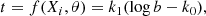 $$ \begin{aligned} t = f(X_i, \theta ) = k_1 (\log {b} - k_0), \end{aligned} $$