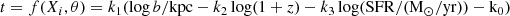 $ t = f(X_i, \theta) = k_1 (\log{b/\rm{kpc}} - k_2 \log(1+z) - k_3 \log(\rm{SFR}/({{\mathrm{M}_{\odot}}}/yr)) - k_0) $