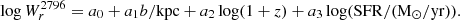 $$ \begin{aligned} \log {W^{2796}_r} = a_0 + a_1 b/\mathrm {kpc} + a_2 \log (1+z) + a_3 \log (\mathrm {SFR}/(\mathrm{M _{\odot }}/\mathrm{yr})). \end{aligned} $$
