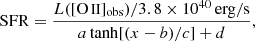 $$ \begin{aligned} \mathrm{SFR} = \frac{L([{{\mathrm{O}\,\small{\text{II}}}}]_{\rm obs})/3.8\times 10^{40}\,\mathrm {erg/s}}{a \tanh [(x-b)/c]+d}, \end{aligned} $$