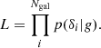 $$ \begin{aligned} L&= \prod _i^{N_{\rm {gal}}} p(\delta _i | g) . \end{aligned} $$
