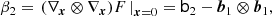 $$ \begin{aligned} {\beta }_2&= \left. (\nabla _{\boldsymbol{x}} \otimes \nabla _{\boldsymbol{x}}) F \, \right|_{\boldsymbol{x} = 0} = \mathsf b _2 - \boldsymbol{b}_1 \otimes \boldsymbol{b}_1 ,\end{aligned} $$