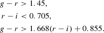 $$ \begin{aligned} g-r&>1.45, \nonumber \\ r-i& < 0.705, \nonumber \\ g-r&>1.668(r-i)+0.855. \end{aligned} $$