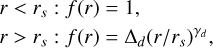 $\[\begin{aligned}& r<r_s: f(r)=1 \\& r>r_s: f(r)=\Delta_d\left(r / r_s\right)^{\gamma_d},\end{aligned}\]$