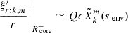 $$ \begin{aligned} \frac{\xi ^{\prime }_{r;k,m}}{r}\Bigg |_{R_{\text{ core}}^{+}} \simeq Q \epsilon \tilde{X}_{k}^{m}(s_{\text{ env}}) \end{aligned} $$
