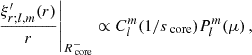 $$ \begin{aligned} \left.\frac{\xi ^{\prime }_{r;l,m}(r)}{r}\right \vert_{R_{\text{ core}}^{-}} \propto C_{l}^{m}(1/s_{\text{ core}})P_{l}^{m}(\mu )\, , \end{aligned} $$
