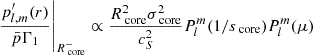 $$ \begin{aligned} \left.\frac{p^{\prime }_{l,m}(r)}{\bar{p}\Gamma _{1}}\right \vert_{R_{\text{ core}}^{-}} \propto \frac{R_{\text{ core}}^{2}\sigma _{\text{ core}}^{2}}{c_{S}^{2}}P_{l}^{m}(1/s_{\text{ core}})P_{l}^{m}(\mu ) \end{aligned} $$