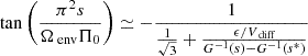 $$ \begin{aligned} \tan \left(\frac{\pi ^{2}s}{\Omega _{\text{ env}}\Pi _0}\right) \simeq -\frac{1}{\frac{1}{\sqrt{3}} + \frac{\epsilon /V_{\text{ diff}}}{G^{-1}(s) - G^{-1}(s^*)}} \end{aligned} $$
