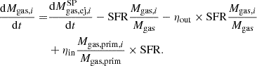 $$ \begin{aligned} \frac{\mathrm{d}M_{\mathrm{gas}, i}}{\mathrm{d}t}=&\frac{\mathrm{d}M^\mathrm{SP}_{\mathrm{gas, ej}, i}}{\mathrm{d}t} - \mathrm{SFR} \frac{M_{\mathrm{gas},i}}{M_{\rm gas}} - \eta _{\rm out} \times \mathrm{SFR} \frac{M_{\mathrm{gas},i}}{M_{\rm gas}}\nonumber \\&+\eta _{\rm in} \frac{M_{\mathrm{gas, prim}, i}}{M_{\rm gas, prim}} \times \mathrm{SFR}. \end{aligned} $$