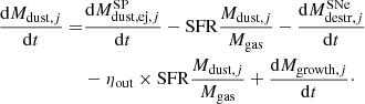 $$ \begin{aligned} \frac{\mathrm{d}M_{\mathrm{dust}, j}}{\mathrm{d}t}=&\frac{\mathrm{d}M^\mathrm{SP}_{\mathrm{dust, ej}, j}}{\mathrm{d}t} -\mathrm{SFR} \frac{M_{\mathrm{dust}, j}}{M_{\rm gas}} - \frac{\mathrm{d}M^\mathrm{SNe}_{\mathrm{destr}, j}}{\mathrm{d}t}\nonumber \\&-\eta _{\rm out} \times \mathrm{SFR} \frac{M_{\mathrm{dust}, j}}{M_{\rm gas}}+\frac{\mathrm{d}M_{\mathrm{growth}, j}}{\mathrm{d}t}\cdot \end{aligned} $$