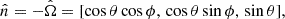 $$ \begin{aligned} \hat{n} = -\hat{\Omega } = [\cos {\theta }\cos {\phi }, \, \cos {\theta }\sin {\phi }, \, \sin {\theta }], \end{aligned} $$