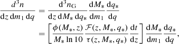 $$ \begin{aligned} \begin{aligned} \frac{d^3n}{\mathrm{d}z\, \mathrm{d} m_{1}\, \mathrm{d}q}&= \frac{\mathrm{d}^3n_{\rm G}}{\mathrm{d}z\, \mathrm{d} M_{*}\, \mathrm{d}q_{*}} \frac{\mathrm{d} M_*}{\mathrm{d} m_{1}} \frac{\mathrm{d}q_*}{\mathrm{d} q}\\&=\left[\frac{\phi (M_*,z)}{M_* \ln 10} \frac{\mathcal{F} (z,M_*,q_{*})}{\tau (z,M_*,q_{*})} \frac{\mathrm{d}t}{\mathrm{d}z}\right] \frac{\mathrm{d} M_*}{\mathrm{d} m_{1}} \frac{\mathrm{d}q_*}{\mathrm{d}q}, \end{aligned} \end{aligned} $$