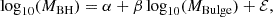 $$ \begin{aligned} \log _{10}(M_{\rm BH}) = \alpha + \beta \log _{10}(M_{\rm Bulge}) + \mathcal{E} , \end{aligned} $$