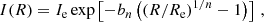 $$ \begin{aligned} I(R) = I_{\mathrm{e} } \, \mathrm{exp} \left[-b_{n}\left(\left(R/R_{\mathrm{e} } \right)^{1/n} -1 \right) \right]\,, \end{aligned} $$