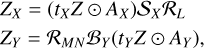 $\eqalign{ & {Z_X} = \left( {{t_X}Z \odot {A_X}} \right){{\cal S}_X}{{\cal R}_L} \cr & {Z_Y} = {{\cal R}_{MN}}{{\cal B}_Y}\left( {{t_Y}Z \odot {A_Y}} \right), \cr} $
