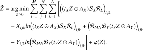 $\eqalign{ & \hat Z = \mathop {\arg \min }\limits_{Z \ge 0} \sum\limits_{i = 1}^M {\sum\limits_{j = 1}^N {\sum\limits_{k = 1}^L {\left[ {{{\left( {\left( {{t_X}Z \odot {A_X}} \right){{\cal S}_X}{{\cal R}_L}} \right)}_{i\,jk}}} \right.} } } \cr & \;\,\,\,\,\,\,\,\, - {X_{ijk}}ln{\left( {\left( {{t_X}Z \odot {A_X}} \right){{\cal S}_X}{{\cal R}_L}} \right)_{i\,jk}} + {\left( {{{\cal R}_{MN}}{{\cal B}_Y}\left( {{t_Y}Z \odot {A_Y}} \right)} \right)_{i\,jk}} \cr & \,\,\,\,\,\,\,\,\,\left. { - {Y_{i\,jk}}ln{{\left( {{{\cal R}_{MN}}{{\cal B}_Y}\left( {{t_Y}Z \odot {A_Y}} \right)} \right)}_{i\,jk}}} \right] + \varphi (Z). \cr} $