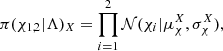 $$ \begin{aligned} \pi (\chi _{1,2} | \Lambda )_X = \prod _{i=1}^{2}\mathcal{N} (\chi _i|\mu _\chi ^X,\sigma _\chi ^X) , \end{aligned} $$