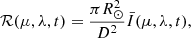 $$ \begin{aligned} \mathcal{R} (\mu ,\lambda ,t)=\frac{\pi R_\odot ^2}{D^2}\bar{I}(\mu ,\lambda ,t), \end{aligned} $$