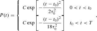 $$ \begin{aligned} P(t) = {\left\{ \begin{array}{ll} \displaystyle C \, \mathrm{exp} \left[-\frac{(t-t_0)^2}{2\tau _0^2}\right]&0< t < t_0 \\ \displaystyle C \, \mathrm{exp} \left[-\frac{(t-t_0)^2}{18\tau _0^2}\right]&t_0 <t < T \\ \end{array}\right.}, \end{aligned} $$