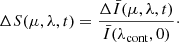 $$ \begin{aligned} \Delta S(\mu ,\lambda ,t)=\frac{\Delta \bar{I}(\mu ,\lambda ,t) }{\bar{I}(\lambda _\mathrm{cont} ,0)}\cdot \end{aligned} $$