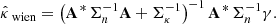 $$ \begin{aligned} \hat{\kappa }_{\text{ wien}} = \left( \mathbf A ^{{{\,\mathrm{*}\,}}} \Sigma _{n}^{-1} \mathbf A + \Sigma _{\kappa }^{-1} \right)^{-1} \mathbf A ^{{{\,\mathrm{*}\,}}} \Sigma _{n}^{-1} \gamma . \end{aligned} $$