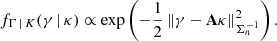 $$ \begin{aligned} f_{\Gamma \,|\, K}\!\left(\gamma \,|\, \kappa \right) \propto \exp \left( -\frac{1}{2} \left\Vert\gamma - \mathbf A \kappa \right\Vert_{\Sigma _{n}^{-1}}^2 \right). \end{aligned} $$