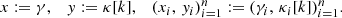 $$ \begin{aligned} \begin{matrix} x := \gamma ,&y := \kappa [k],&(x_i,\, y_i)_{i = 1}^{n} := (\gamma _i,\, \kappa _i[k])_{i = 1}^{n} \end{matrix}. \end{aligned} $$