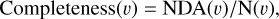 ${\mathop{\rm Completeness}\nolimits} (\v ) = {\mathop{\rm NDA}\nolimits} (\v )/{\rm{N}}(\v ),$