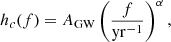 $$ \begin{aligned} h_{c}(f) = A_{\rm GW}\left(\frac{f}{\mathrm{yr}^{-1}} \right)^{\alpha }, \end{aligned} $$