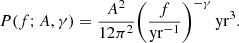 $$ \begin{aligned} P(f; A, \gamma ) = \frac{A^2}{12\pi ^2}\biggl (\frac{f}{\mathrm{yr}^{-1}}\biggr )^{-\gamma }\,\mathrm{yr}^3. \end{aligned} $$