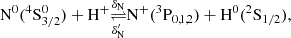 $$ \begin{aligned} \mathrm{N}^0(^4\mathrm{S}_{3/2}^0) +\mathrm{H}^+&\underset{\delta _{\rm N}^{\prime }}{\mathop {\rightleftharpoons }\limits ^{\delta _{\rm N}}} \mathrm{N}^+(^3\mathrm{P}_{0,1,2}) +\mathrm{H}^0(^2\mathrm{S}_{1/2}) , \end{aligned} $$